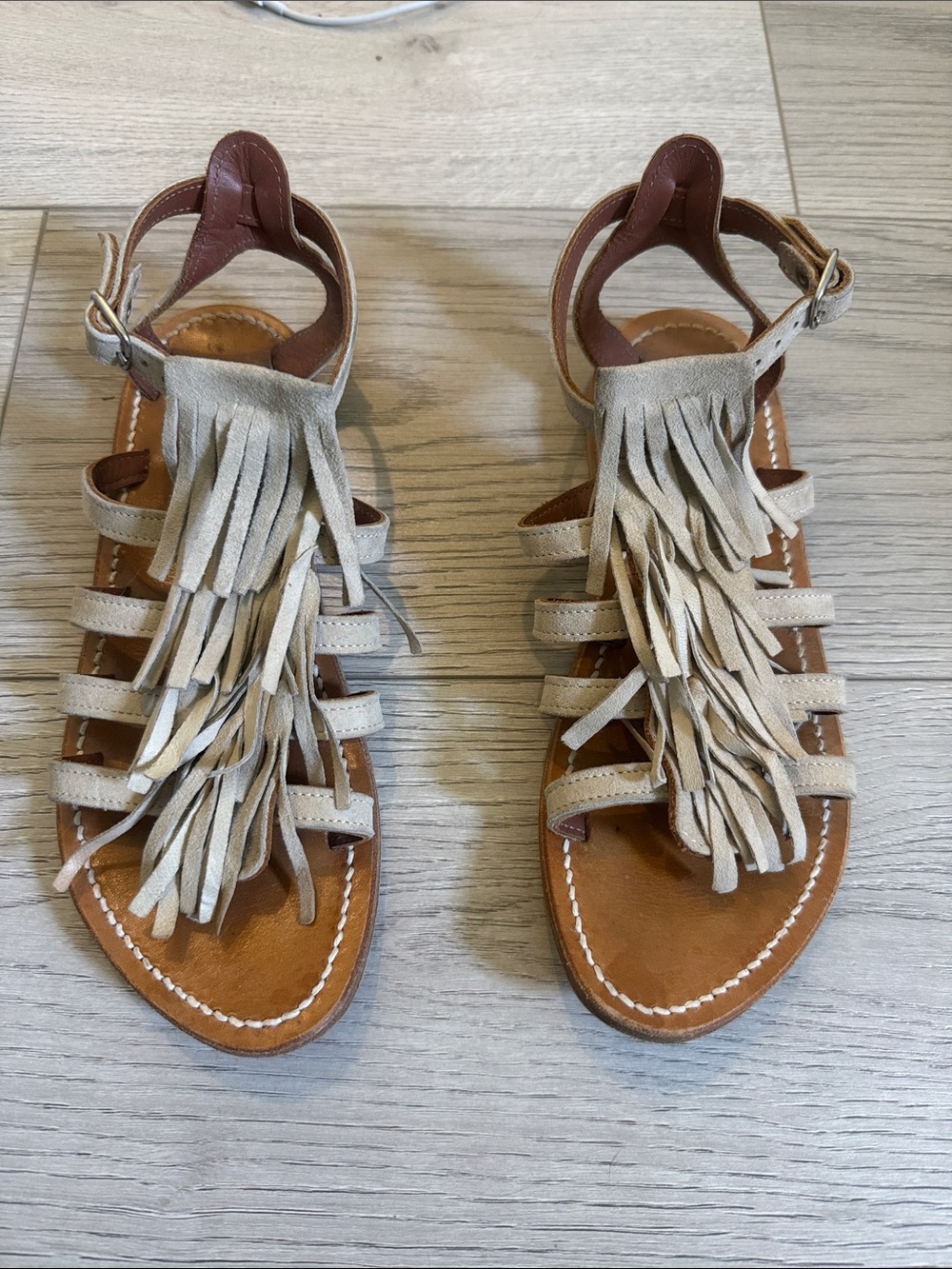 Women's Beige Fringe Gladiator Sandals with Ankle Buckle